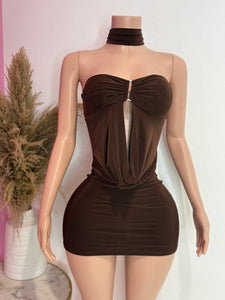 Strapless Necktie Mini Dress (Brown)