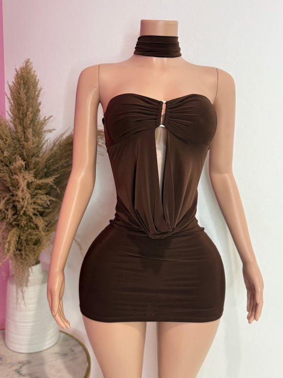 Strapless Necktie Mini Dress (Brown)