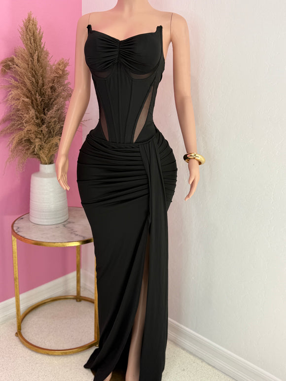 Corset Bodysuit & Side Slit Long Skirt 2 Piece Set (Black)