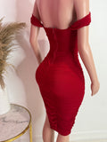 Mesh Off The Shoulder Midi Dress (Red)