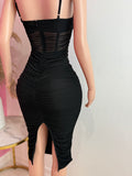 Corset Mesh Midi Dress (Black)