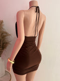 Halter Open Back Mini Dress (Brown)