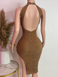 Mesh Open Back Midi Dress (Brown)