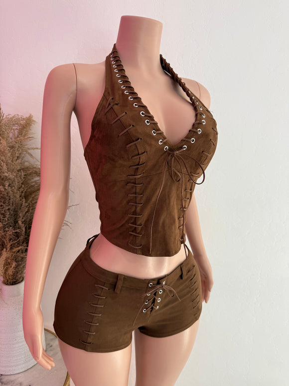 Halter Corset Top & Shorts Set (Brown)