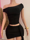 Off The Shoulder Mini Skirt Set (Black)
