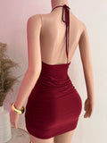 Halter Open Back Mini Dress (Burgundy)