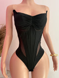 Corset Bodysuit & Side Slit Long Skirt 2 Piece Set (Black)