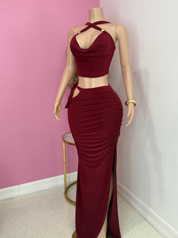 Criss Cross Halter Top & Long Side Slit Skirt Set (Burgundy)