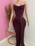 Corset Bodysuit & Side Slit Long Skirt 2 Piece Set (Burgundy)