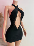 Halter Criss Cross Mini Dress (Black)