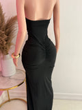 Corset Bodysuit & Side Slit Long Skirt 2 Piece Set (Black)
