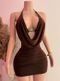 Halter Open Back Mini Dress (Brown)