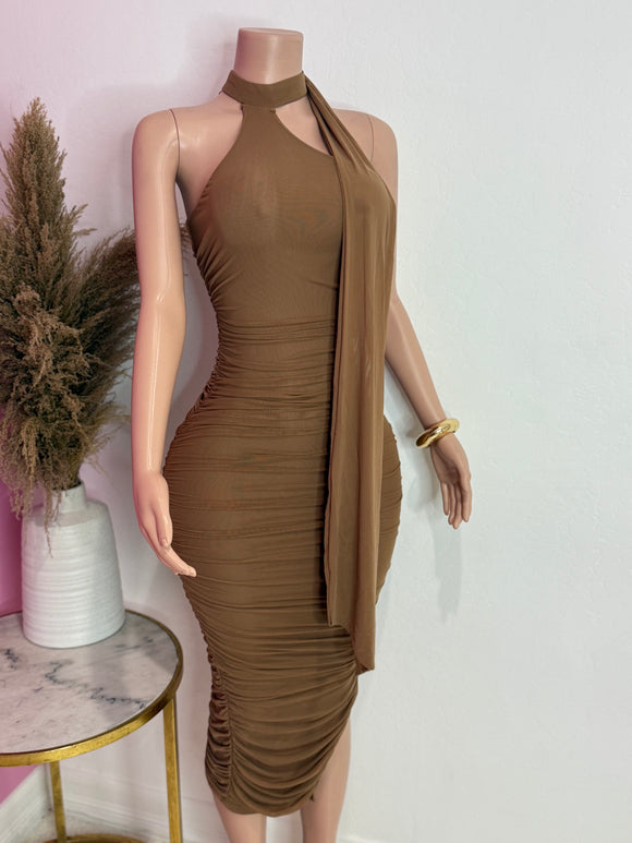Mesh Midi Dress (Brown)