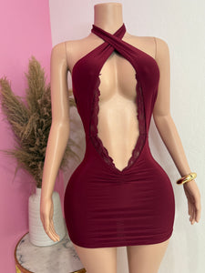 Halter Criss Cross Mini Dress (Burgundy)