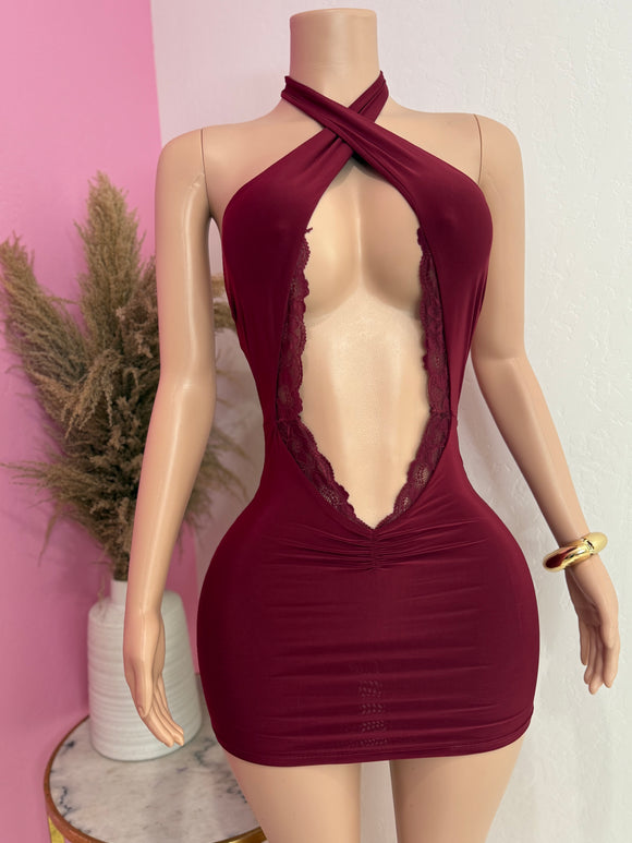 Halter Criss Cross Mini Dress (Burgundy)