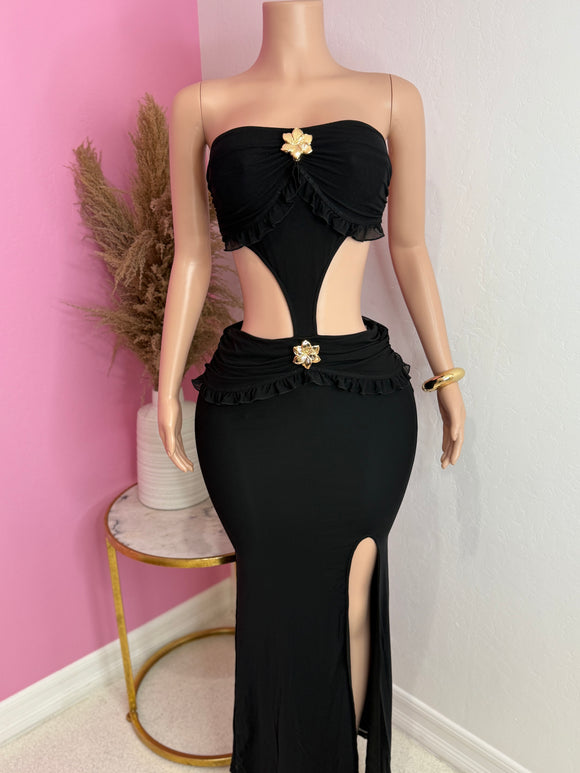 Gold Flower Detailing Maxi Dress (Black)