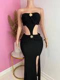 Gold Flower Detailing Maxi Dress (Black)