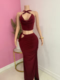 Criss Cross Halter Top & Long Side Slit Skirt Set (Burgundy)