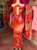 Floral Mesh Maxi Dress (Orange)