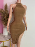 Mesh Open Back Midi Dress (Brown)