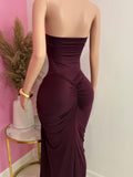 Corset Bodysuit & Side Slit Long Skirt 2 Piece Set (Burgundy)