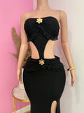 Gold Flower Detailing Maxi Dress (Black)