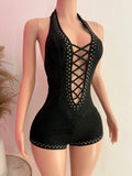 Halter Lace Up Stud Romper (Black)