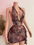 Halter Animal Print Mini Dress (Burgundy)