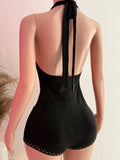 Halter Lace Up Stud Romper (Black)