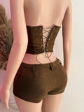 Halter Corset Top & Shorts Set (Brown)