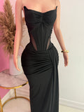 Corset Bodysuit & Side Slit Long Skirt 2 Piece Set (Black)