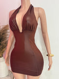 Halter Neck Mini Backless Dress (Peacan)