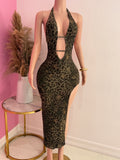 Halter Leopard Print Midi Dress With Slit