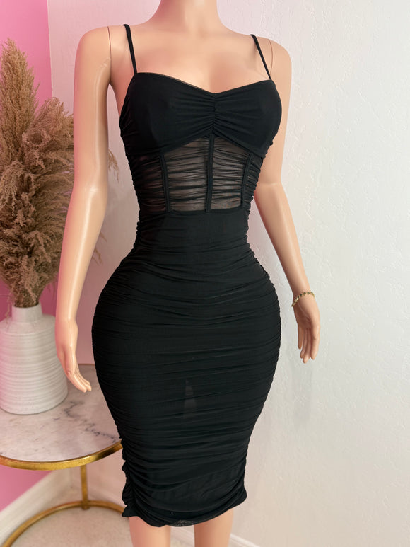 Corset Mesh Midi Dress (Black)