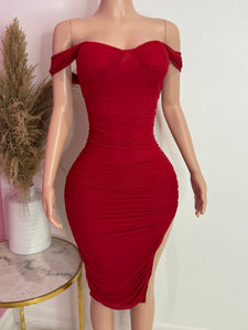 Mesh Off The Shoulder Midi Dress (Red)