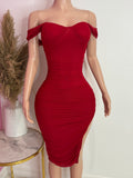 Mesh Off The Shoulder Midi Dress (Red)