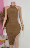 Mesh Open Back Midi Dress (Brown)