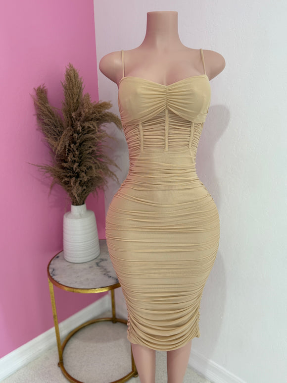 Corset Mesh Midi Dress (Nude)
