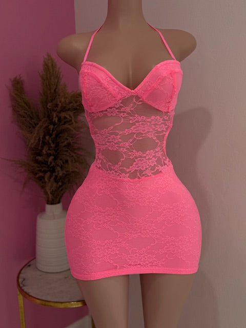 Lace Mini Dress (Neon Pink)