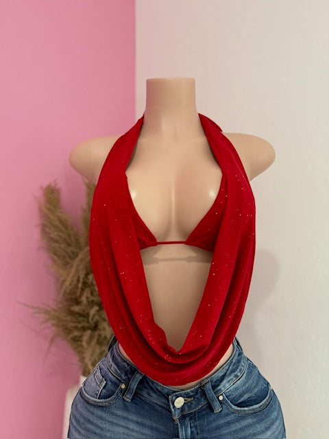 Glittery Halter Top Open Back (Red)